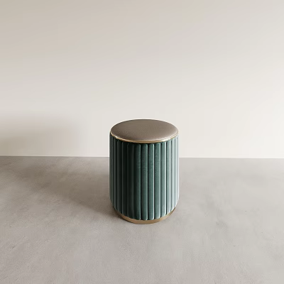 Modern Green Ribbed Cylindrical Ottoman With Metallic Round Top For Living Room 3d model