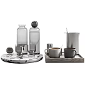 Dark Gray Coffee Mugs With Wooden Tray And Stainless Steel Containers On Marble Patterned Surface