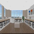 Modern Laundry Shop Interior with Multiple Washing Machines Wooden Table Chairs and Posters