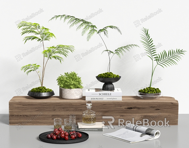 Fern Green Plant Bonsai Books Fruit Plate model