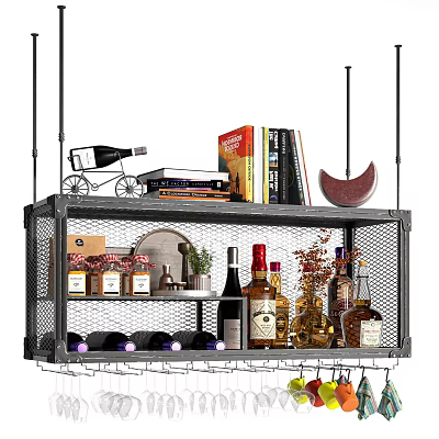 Industrial Metal Mesh Hanging Wine Cabinet With Wine Bottles Liquor Books And Decorative Plants 3d model