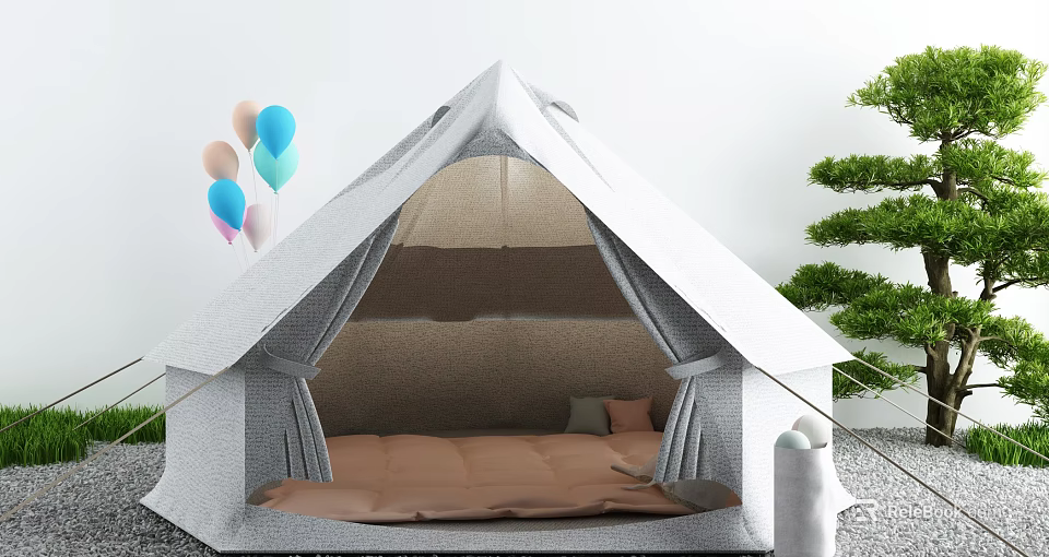 Gray Tent Interior With Brown Mattress Pillow Colorful Balloons And Green Plants 3d model 