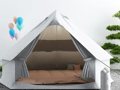 Gray Tent Interior With Brown Mattress Pillow Colorful Balloons And Green Plants 3d model