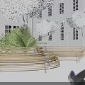 Modern Wooden Landscape Seating With Curved Design And Green Trees White Building Street Lamps