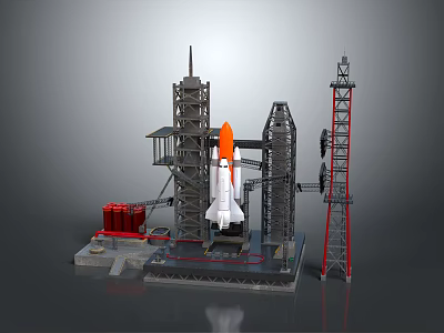 Scale Space Shuttle Model On Launch Tower With Red Equipment Support Structures 3d model