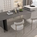 Modern Dining Table Set With Grey Stone Top Four Light Chairs Plants And Natural Light