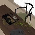 Elegant Modern Tea Set with Black Tray Teapot Cups on Wooden Table and Green Plants