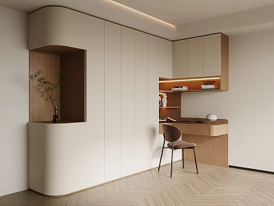 Modern Built In Bookcase With Light Wood Cream Minimalist Interior Desk And Herringbone Floor 3d model