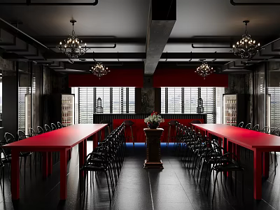 Restaurant Interior With Red Long Dining Tables Black Chairs And Hanging Chandeliers 3d model