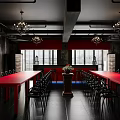 Restaurant Interior With Red Long Dining Tables Black Chairs And Hanging Chandeliers