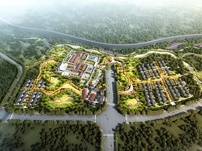 Aerial View Master Plan of Residential Community with Green Spaces and Road Networks 3d model
