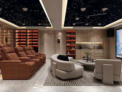 Luxurious Home Theater Room With Starry Ceiling Brown Recliner Sofas White Armchairs And Projection Screen 3d model