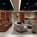 Luxurious Home Theater Room With Starry Ceiling Brown Recliner Sofas White Armchairs And Projection Screen