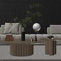 Modern Circular Wooden Coffee Table With White Sofa Green Plant And Dark Wall