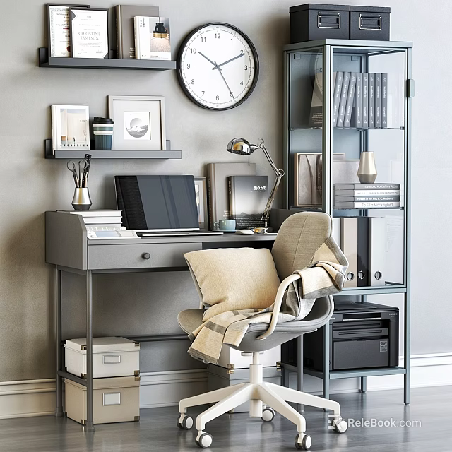 Modern Home Office Desk Chair With Laptop Lamp And Bookshelves 3d model 
