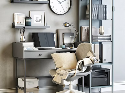 Modern Home Office Desk Chair With Laptop Lamp And Bookshelves 3d model