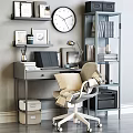 Modern Home Office Desk Chair With Laptop Lamp And Bookshelves