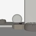 Modern Minimalist Interior Featuring Beige Linen Poufs With White Spherical Decor And Wooden Table