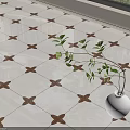 White Vase With Green Plant On Tiled Floor Featuring Brown Star Pattern 3d model