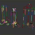 Decorative Iron Tool Racks With Hanging Shovels And Yellow Bases For Household Use
