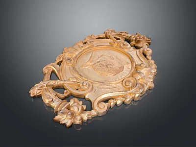 Golden Carved Decorative Tray With Intricate Patterns And Central Relief Design 3d model