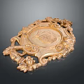 Golden Carved Decorative Tray With Intricate Patterns And Central Relief Design