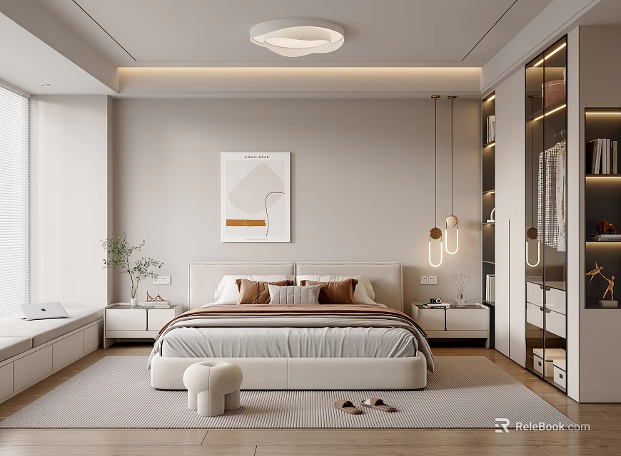 Modern Bedroom Interior With Comfortable Bed Nightstands Wall Artwork Pendant Lights And Wardrobe 3d model 