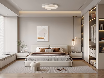 Modern Bedroom Interior With Comfortable Bed Nightstands Wall Artwork Pendant Lights And Wardrobe 3d model