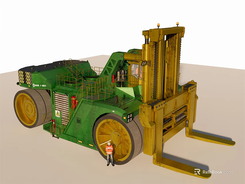 Green Industrial Forklift With Tall Mast Yellow Forks And Large Wheels 3d model 