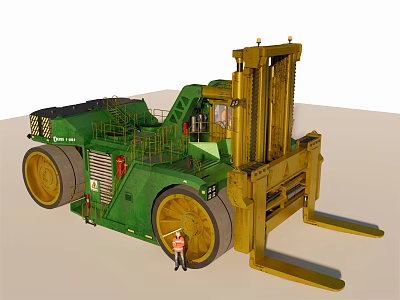Green Industrial Forklift With Tall Mast Yellow Forks And Large Wheels 3d model