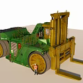 Green Industrial Forklift With Tall Mast Yellow Forks And Large Wheels