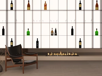 Stylish Single Armchair In Living Space With Wine Bottles Wall And Fireplace 3d model