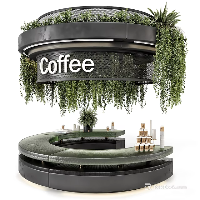 Functional Coffee Table With Hanging Green Plants And Circular Countertop Design 3d model 
