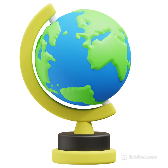 Decorative Ornament Set Featuring Blue Green Globe With Yellow Stand And Black Base 3d model 