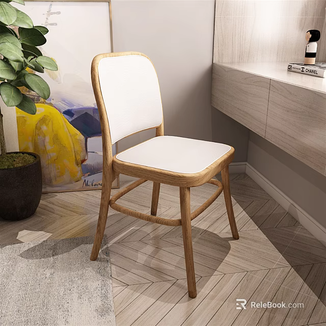 Stylish Leisure Chair With Wooden Frame White Cushion Side Plant And Decorative Painting 3d model 