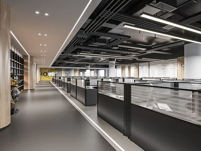 Modern Public Office Space With Open Layout Long Corridor Cubicles Bookshelves And Lighting 3d model