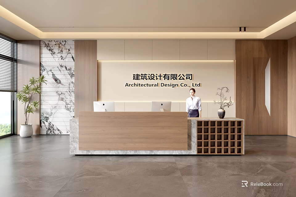 Modern Front Desk Reception Area For Architectural Design Company With Marble Wall And Wooden Panels 3d model 