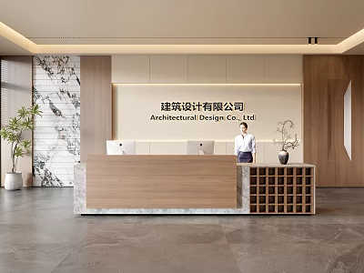 Modern Front Desk Reception Area For Architectural Design Company With Marble Wall And Wooden Panels 3d model