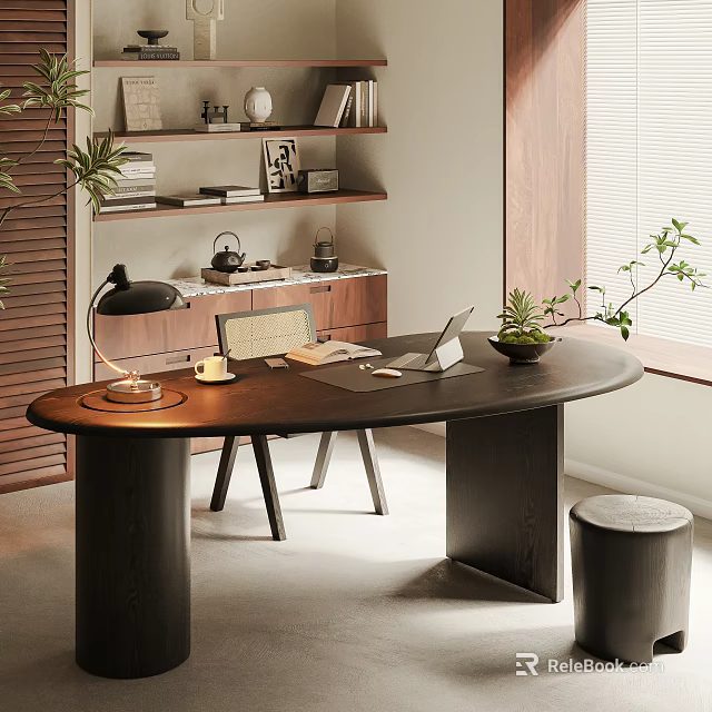 Modern Wooden Desk And Chair Set With Round Table Lamp Laptop Coffee Cup Green Plant 3d model 