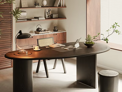 Modern Wooden Desk And Chair Set With Round Table Lamp Laptop Coffee Cup Green Plant 3d model