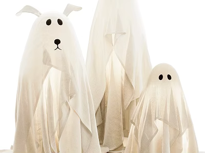 White Ghost Shaped Cloth Halloween Decorative Art Installation With Various Sizes And Simple Facial Features 3d model