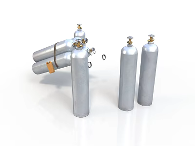 Silver Industrial Gas Cylinders With Valves Standing And Stacked Equipment 3d model
