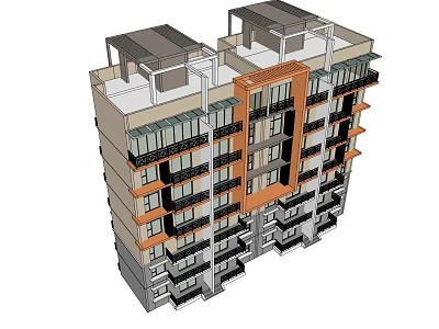 Modern Multi story Residential Building Exterior Design With Balconies Windows Beige Gray Orange Facade 3d model