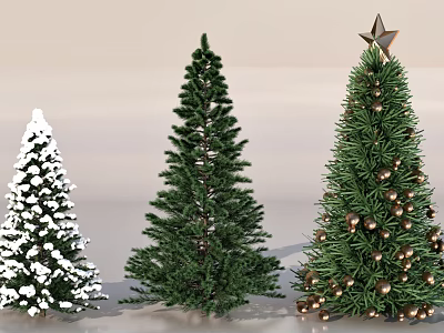 Varied Christmas Trees Including Snowy Green And Decorated With Star And Balls 3d model