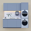 Light Blue Balcony Cabinet With Stacked Washing Machine Marble Countertop And Green Plant