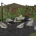 Outdoor Patio Table and Chair Set with Beige Umbrella Lush Green Plants and Decorative Elements