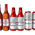 Budweiser Classic Beer Bottles And Cans Arranged In Row On White Surface