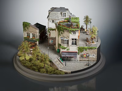 Cartoon Scene With Miniature Buildings Vines Covered Houses Stone Stairs Trees And Courtyard 3d model