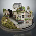 Cartoon Scene With Miniature Buildings Vines Covered Houses Stone Stairs Trees And Courtyard