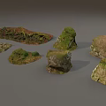 Natural Stone and Wood Elements Covered with Green Moss and Rustic Textures in Outdoor Setting